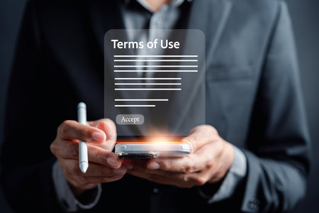Businessman Sign Terms of use concept, reading terms and conditions of website or service before clicking button agree. Terms and conditions of contractの写真素材