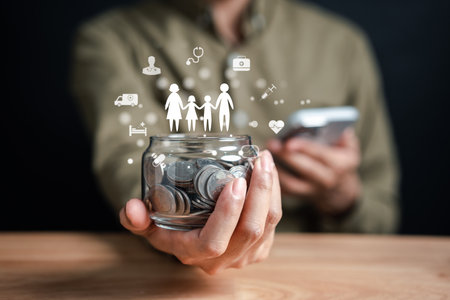 Businessman saving money coins accounting in jar for protect family and insurance concept. Protected from emergency by insurance and assurance health care life.の写真素材