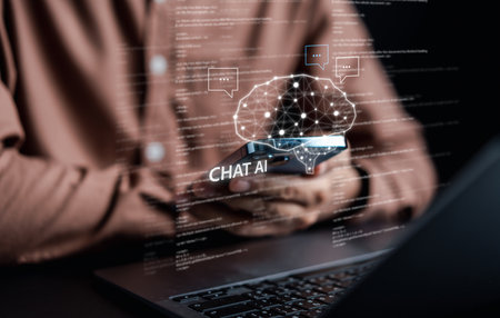 Ai Technology System. Businessman using chat bot intelligence Ai. Chat with AI Artificial Intelligence, developed by OpenAI generate. Futuristic technology, robot in online system.の写真素材