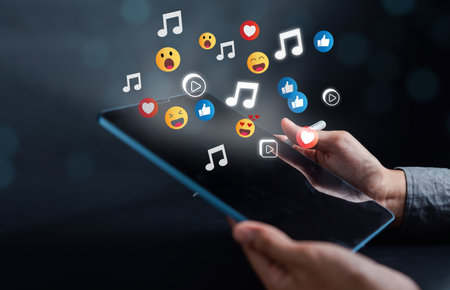 Man using social media and digital online, man using smart phone with Social media. concept of living on vacation and playing social media. online marketing, technology network concept.の写真素材