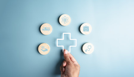 Health insurance and medical welfare concept. people hands holding plus symbol and healthcare medical icon, health and access healthcare.の写真素材