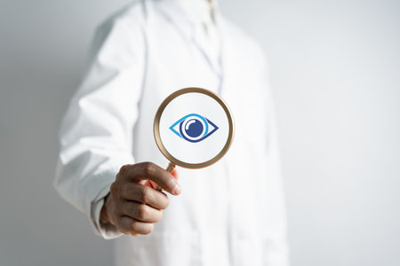 Digital vision eye care concept. Doctor using technology for eye test vision, checking eyesight, Eye clinic appointment.の写真素材