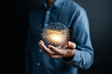 Hand holding virtual human brain and golden key icon, idea creative intelligence to success business...