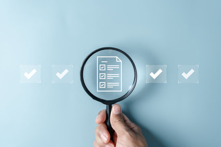 Document Management System Check mark, online documentation database and process automation to efficiently manage files, knowledge and documentation in enterprise. Corporate business technology, DMSの写真素材