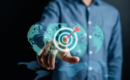 Businessman touching business target objective virtual icon, network customer connection data,...
