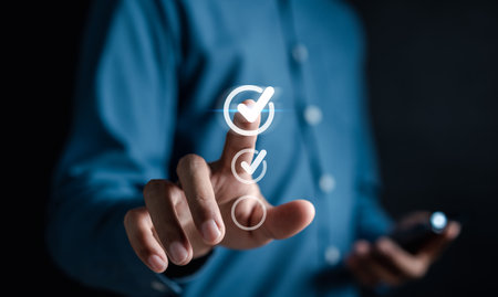 Digital Guarantee Checkmark, business checking quality assurance QA or QC management, certification...