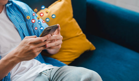 Man using social media and digital online, man using smart phone with Social media. concept of living on vacation and playing social media. online marketing, technology network concept.の写真素材