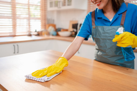 Housework or house keeping service female cleaning dust in house, cleaning agency small business. professional equipment cleaning old home.の写真素材
