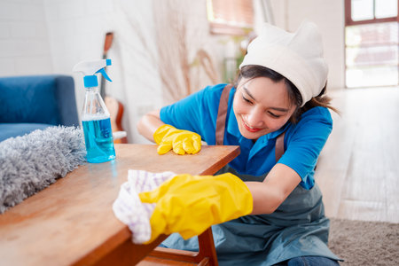 Housework or house keeping service female cleaning dust in house, cleaning agency small business. professional equipment cleaning old home.の写真素材