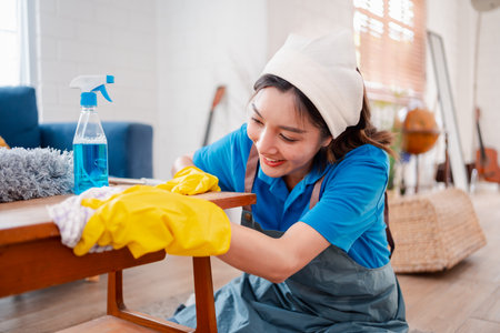 Housework or house keeping service female cleaning dust in house, cleaning agency small business. professional equipment cleaning old home.の写真素材