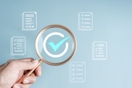 Document Management Checking System, online documentation database and process manage files, Magnifier check and focus to document folder, documentation. Corporate business technology concept.の写真素材