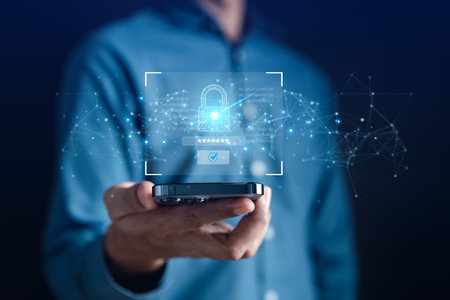 Cyber security connection network data protection, businessman holding virtual locking padlock icon online network secure, encryption security of personal data on smartphone technology.の写真素材