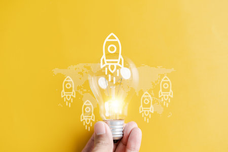 Hand Business with rocket launch icon, Fast start up business to goal and success objective target and solution concept.の写真素材