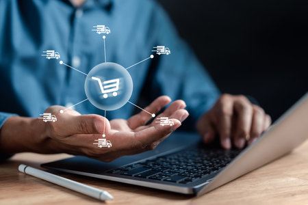 E-commerce and Online Shopping Retail Shop Concept. Man using online internet to buying product or business fast shipping delivery to customer.の写真素材