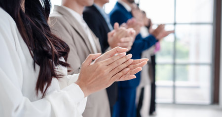 People group in meeting room conference team clapping hands for success and supporting presentation...