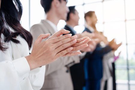 People group in meeting room conference team clapping hands for success and supporting presentation to speaker. Business meeting and seminar concept.の写真素材