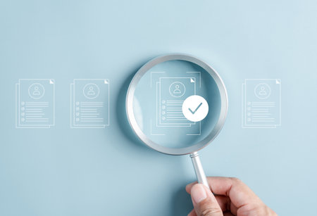 Document Management Checking System, online documentation database and process manage files, Magnifier check and focus to document folder, documentation. Corporate business technology concept.の写真素材