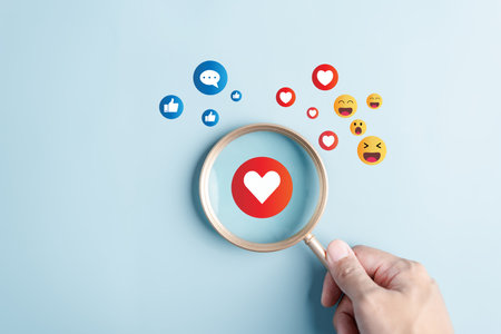 Social media and digital online, Magnifier focus to Love button emoticon, Social media. concept of...