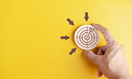 Magnifier glass focus to target objective with business icons. planning development leadership and...
