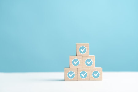 Checklist business target marketing planning with quality management, Quality Assurance and improvement. Standardization, certification. Compliance to regulations service and standards.の写真素材