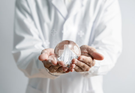 Doctor holding plus sign for treatment technology of hospital and clinic service or healthcare insurance symbol concept, Mental health care and medical concept.の写真素材