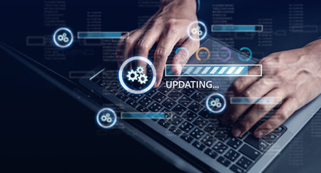 Update software and installing new version system in computer. Man upgrade program, Business technology internet loading bar with installing the update for the quality better.の写真素材