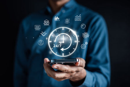 Nonstop service 24 hr concept. businessman hand holding virtual 24/7 with clock on hand for worldwide nonstop and full-time available contact of service concept. customer service.の写真素材