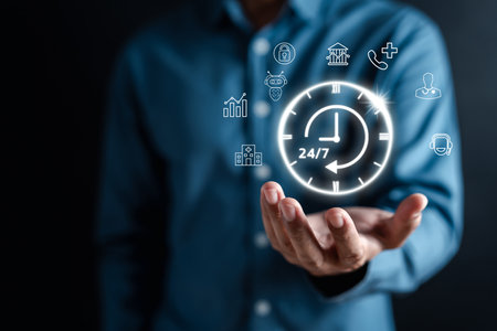 Nonstop service 24 hr concept. businessman hand holding virtual 24/7 with clock on hand for worldwide nonstop and full-time available contact of service concept. customer service.の写真素材