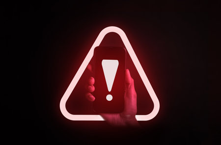 System warning error popup and maintenance on smartphone. cyber attack on online network error system. Cybersecurity vulnerability, data breach, illegal connection, compromised information.の写真素材