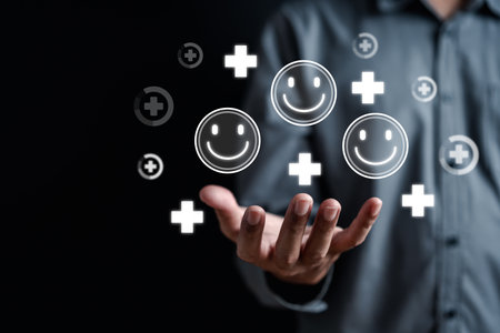 Man awareness to happy smile face. mental health positive thinking and growth mindset, mental health care recovery to happiness emotion.の写真素材