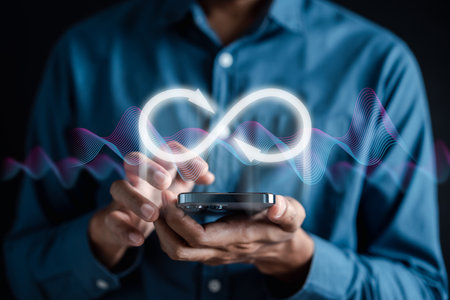 Infinity symbol with technology global marketing online in business connection network economy strategy of investment, banking and financial data exchange for business growth.の写真素材