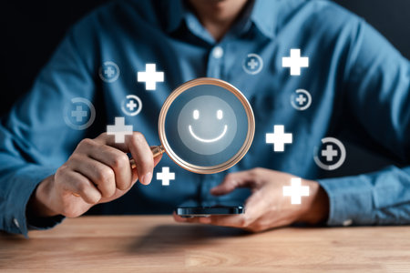 Man awareness to happy smile face. mental health positive thinking and growth mindset, mental health care recovery to happiness emotion.の写真素材