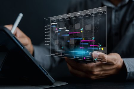 Analysis working with computer and Data Management System to make report workflow and time schedule connected to database. Corporate strategy for finance, operations, sales, marketingの写真素材