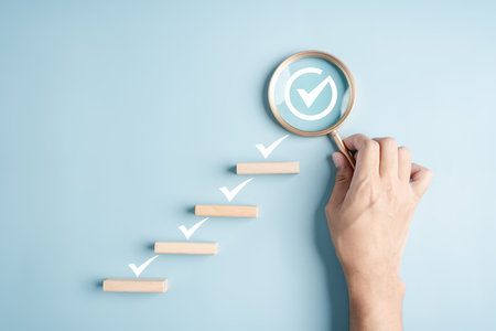 Step progress checklist to Quality Standard approved Assurance assignment and improvement. Standardization, certification. Compliance to regulations service and standards.の写真素材