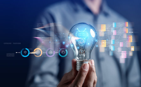 Businessman using ai robot technology for data analytics, Artificial Intelligence generate. Futuristic technology, robot in online system. Business in future to invest and develop corporate concept.の写真素材