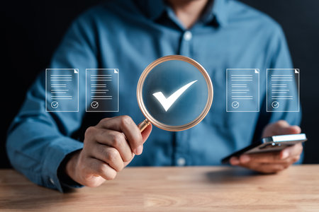 Checklist data analyst target marketing planning assignment with quality management, Quality Assurance and improvement. Standardization, certification. Compliance to regulations service and standards.の写真素材