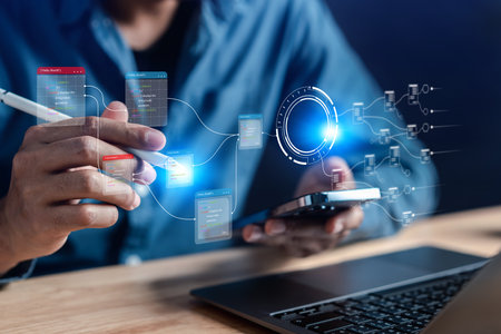 Businessman using ai technology for data analytics, Artificial Intelligence generate. Futuristic technology, robot in online system. Business in future to invest and develop corporate concept.の写真素材