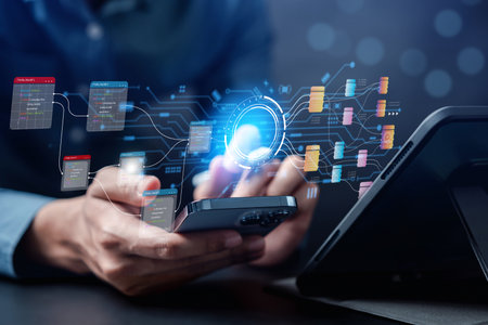 Businessman using ai technology for data analytics, Artificial Intelligence generate. Futuristic technology, robot in online system. Business in future to invest and develop corporate concept.の写真素材