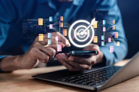 Businessman using ai technology for data analytics marketing target, Artificial Intelligence generated. Futuristic technology in online system. Business in future to invest and development.の写真素材