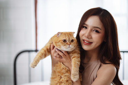 Happy Asian woman owner cute cat playful in a home. Friendship of pet and human people lifestyle.の写真素材