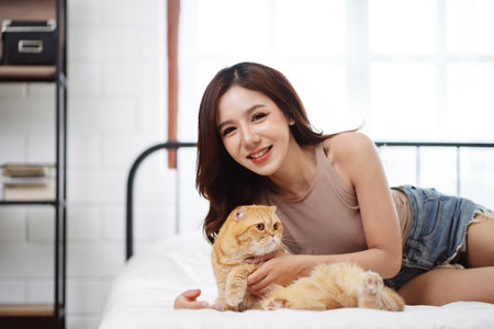 Happy Asian woman owner cute cat playful in a home. Friendship of pet and human people lifestyle.の写真素材