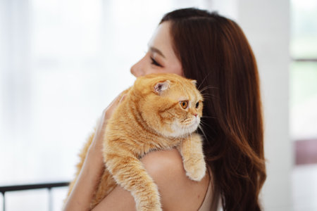 Happy Asian woman owner cute cat playful in a home. Friendship of pet and human people lifestyle.の写真素材