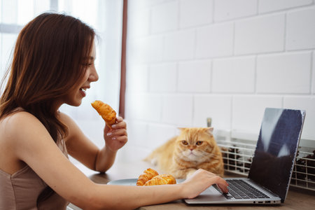 Happy asian young woman working with laptop computer with cute cat in the morning daytime.の写真素材