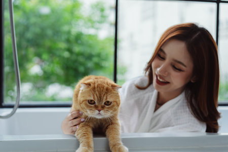 Happy Asian woman owner cute cat playful in a home. Friendship of pet and human people lifestyle.の写真素材