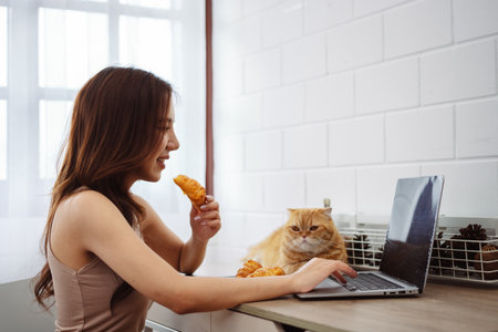 Happy asian young woman working with laptop computer with cute cat in the morning daytime.の写真素材