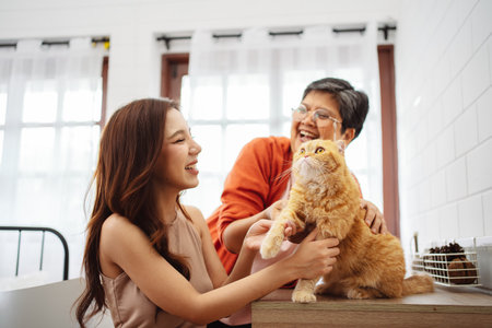 Happy Asian woman and senior mother playing with cute cat playful in a home. Friendship of pet and human people lifestyle.の写真素材