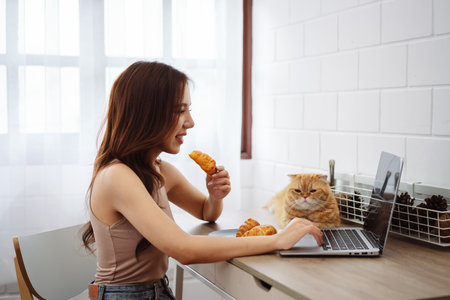 Happy asian young woman working with laptop computer with cute cat in the morning daytime.の写真素材