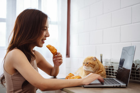 Happy asian young woman working with laptop computer with cute cat in the morning daytime.の写真素材