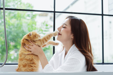 Happy Asian woman owner cute cat playful in a home. Friendship of pet and human people lifestyle.の写真素材