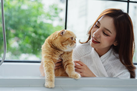 Happy Asian woman owner cute cat playful in a home. Friendship of pet and human people lifestyle.の写真素材
